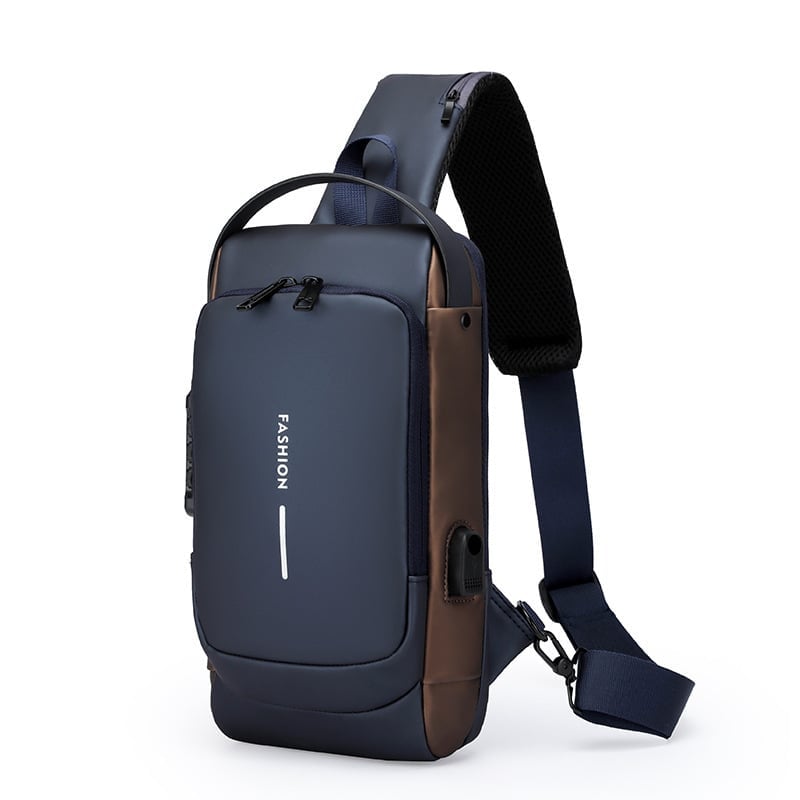 Navy and brown sling backpack with charging port and cushioned shoulder strap