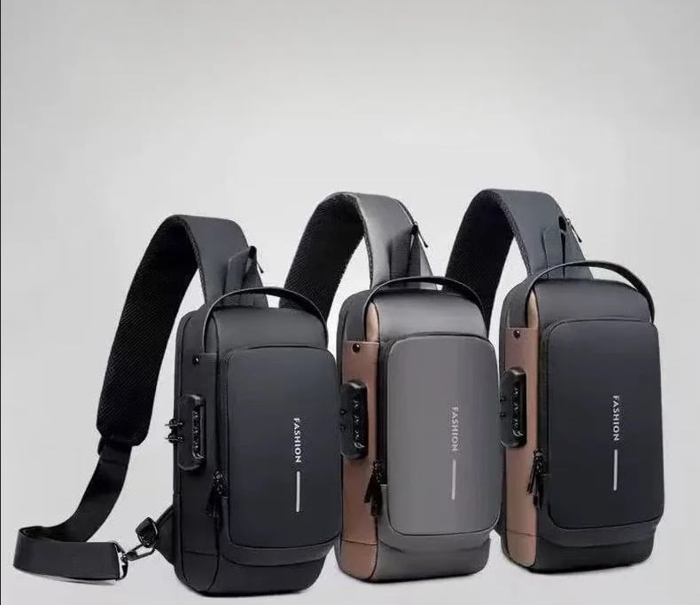 Three crossbody sling backpacks in black and tan colors displayed against a white background